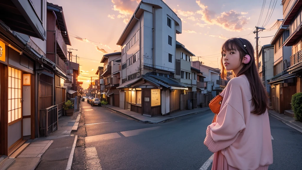 Ultra-high resolution, 8K quality. Hyper realistic image of a nostalgic summer sunset scene. A 20-year-old Japanese girl walking alone through an ordinary Japanese street at dusk. The sky is painted with vibrant orange and pink hues of the setting sun. The girl is wearing summer clothes and headphones. Photorealistic details of buildings, clouds, and the girl's features. Warm, nostalgic atmosphere.