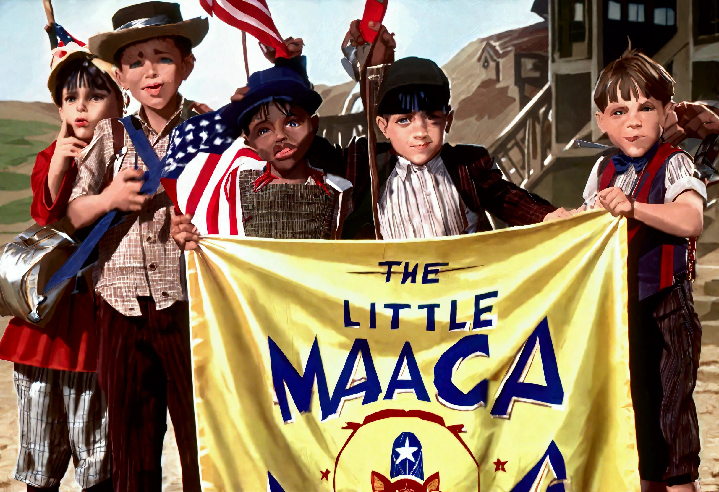 Classic TV, the little rascals, playfully hold up a MAGA banner, An american flag in the background