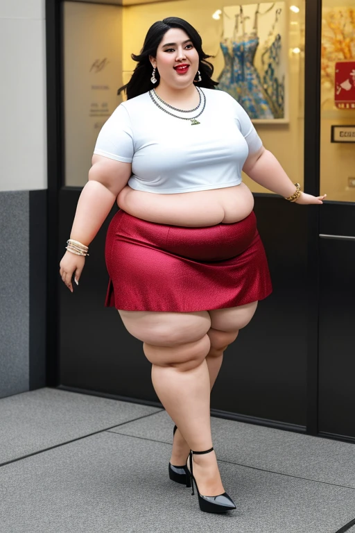 masterpiece, best quality, Real picture, 140kg extremely obese woman, large stomach, mini skirt, high heel, necklace, earring, bracelet