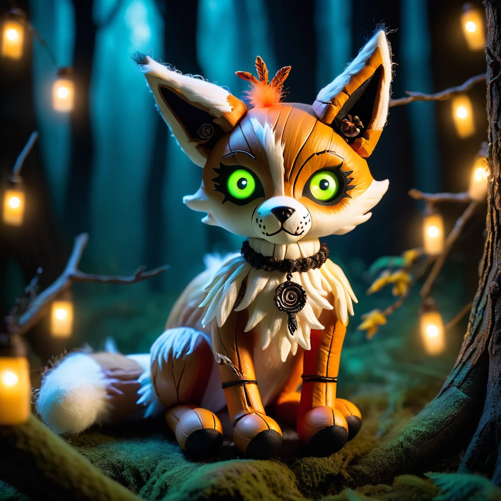 (knitted toy voodoo doll:1.7), (Voodoo Spectral Fox:1.3), (Clothing: ghostly fur with glowing white eyes:1.0), (Accessories: enchanted ethereal tail, glowing lantern, mystical shadowy fog:1.2), (background: misty forest with floating, glowing will-o'-the-wisps and twisted trees:1.2), best quality, masterpiece, detailed soft oil painting, detailed background, dramatic cinematic lighting, soft edge lighting, professional, dramatic lighting, hard edge lighting, ultra quality, 4k,masterpiece, best quality, 8k, ultra highres, highres, extremely detailed