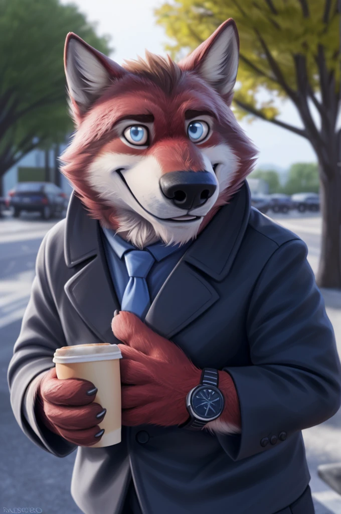 Fedorovich Wolfbach fell (Novosibirsk) ,tall handsome, wolf,young, 24 years, brown fur,Kind,(red body:1.3),beautiful blue eyes,Novosibirsk,dressed, white jacket,shirt,Red tie,trousers,canine, wolf, detailed fur, Male, second, paw pads, finger claws,At the viewer, 5 fingers, paws, 5 fingers, smile, wrist watch, т nextel,by xenoforge, (difficult, high detail, digital photography, soft focus, RAWlawyers,Very close to the camera, variety,Novosibirsk, smile, good mood, positive, Very close to the camera, coffee,
photorealism, realistic, photorealistic, digital style, subsurface scattering,I look at the viewer,hugs the she-wolf,
masterpiece, Best quality, ultra realistic, 8 thousand.)