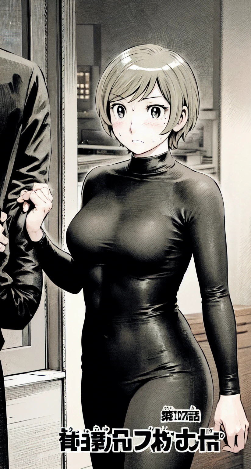 、(masterpiece、Highest quality)、Highest quality, Ultra-high resolution, (((masterpiece))), alone, Sweat、Big eyes,office、tight white dress shirt、Tight black suit、Tight black pants、indoor、Composition from the front、（後ろCut your hair short、short hair、blonde、woman）、Shortcuts、Embarrassed face、Cut your hair short、可愛いwomanの子、Big Breasts