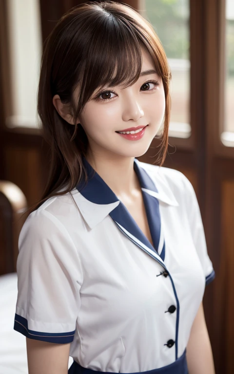 Iris, woman1名, (woman)), alone, Genuine, Highest quality, photoGenuineistic, masterpiece, 8k, High Definition, alone, HDTV Face, Soft lighting, Bedroom, ((Daytime)), null, (looking at the camera), (Portraiture: 0.6), whole body, (Medium Hair), ponytail, Brown Hair, Floating Hair, lips, lipstick, seductive smile, Floating Hair, smile, Open your mouth, teeth, eyelash, Nogizaka46, Tada Moeka, Akari Suda, Idol, beautiful girl, ((uniform)), (((Are standing))