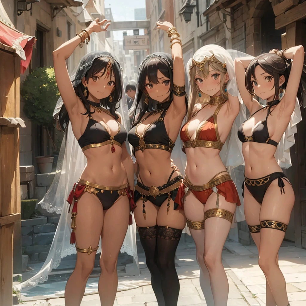a group of arabcanders , jewelry, long hair, navel, arabian clothes, armpits, arms up, looking at viewer, bracelet, veil, midriff, earrings, dancer, smile, armlet