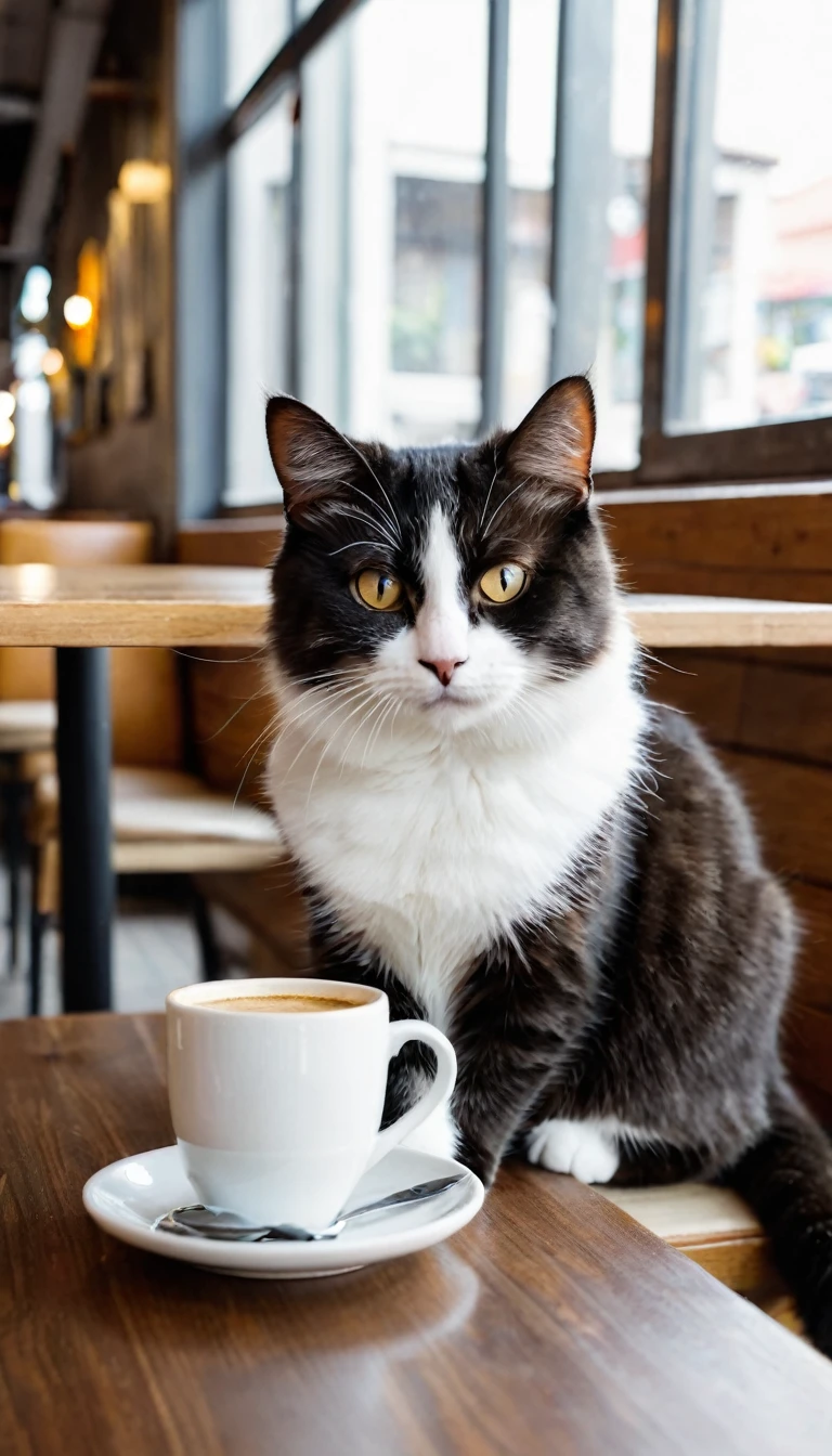 photography of a cutie cat sit with one armrest on the table in the cafe, and they holding a cup of coffee. no blur