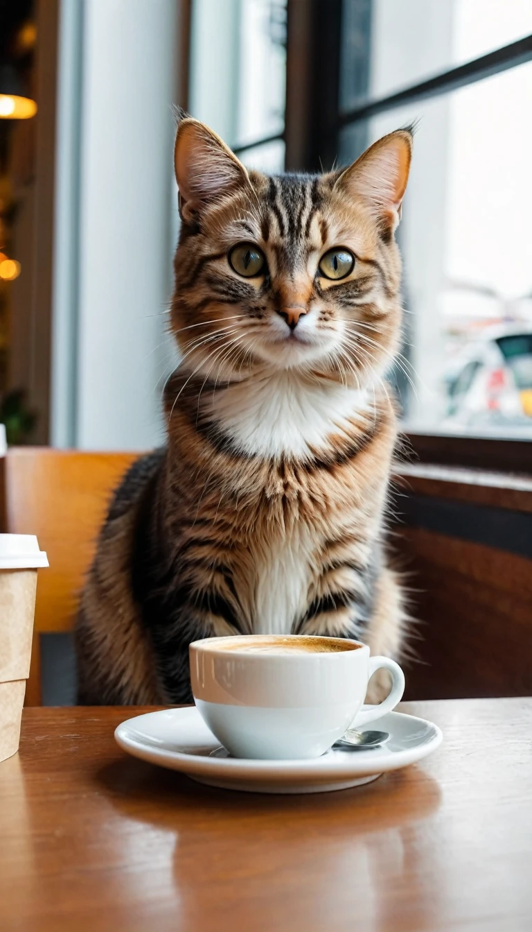 photography of a cutie cat sit with one armrest on the table in the cafe, and they holding a cup of coffee. no blur
