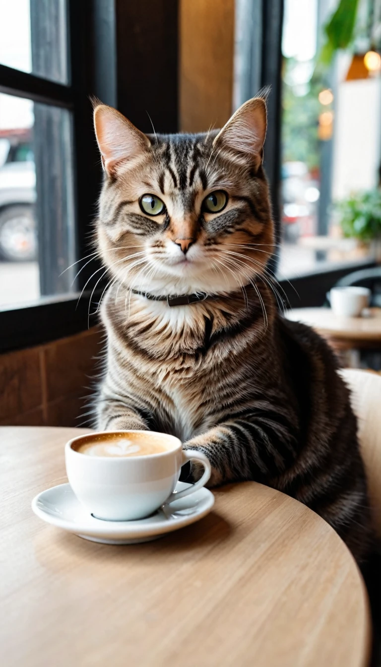 photography of a cutie cat sit with one armrest on the table in the cafe, and they holding a cup of coffee. no blur