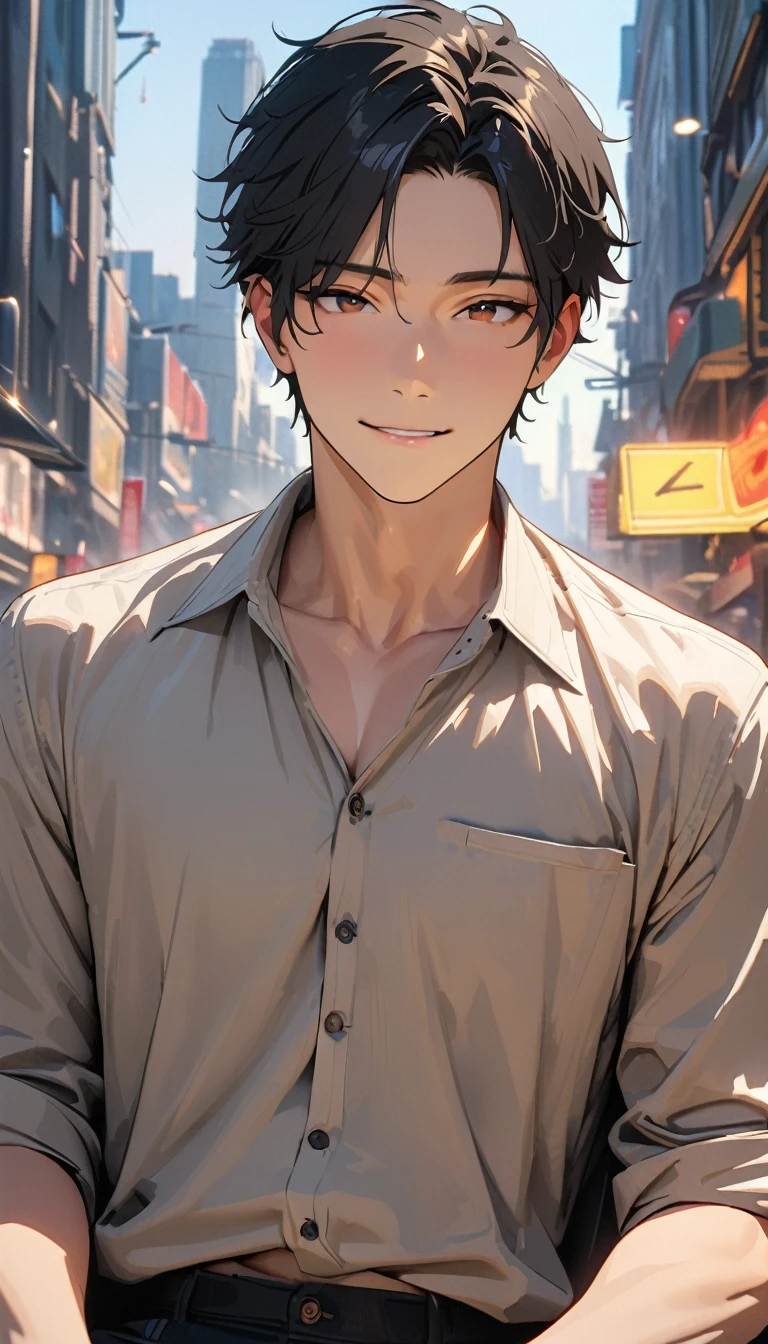 20 years old ,masterpiece , modern, Verism, masterpiece, textured skin, super detail, best quality, 4K , A handsome man, black hair, short hair, light smile, happy