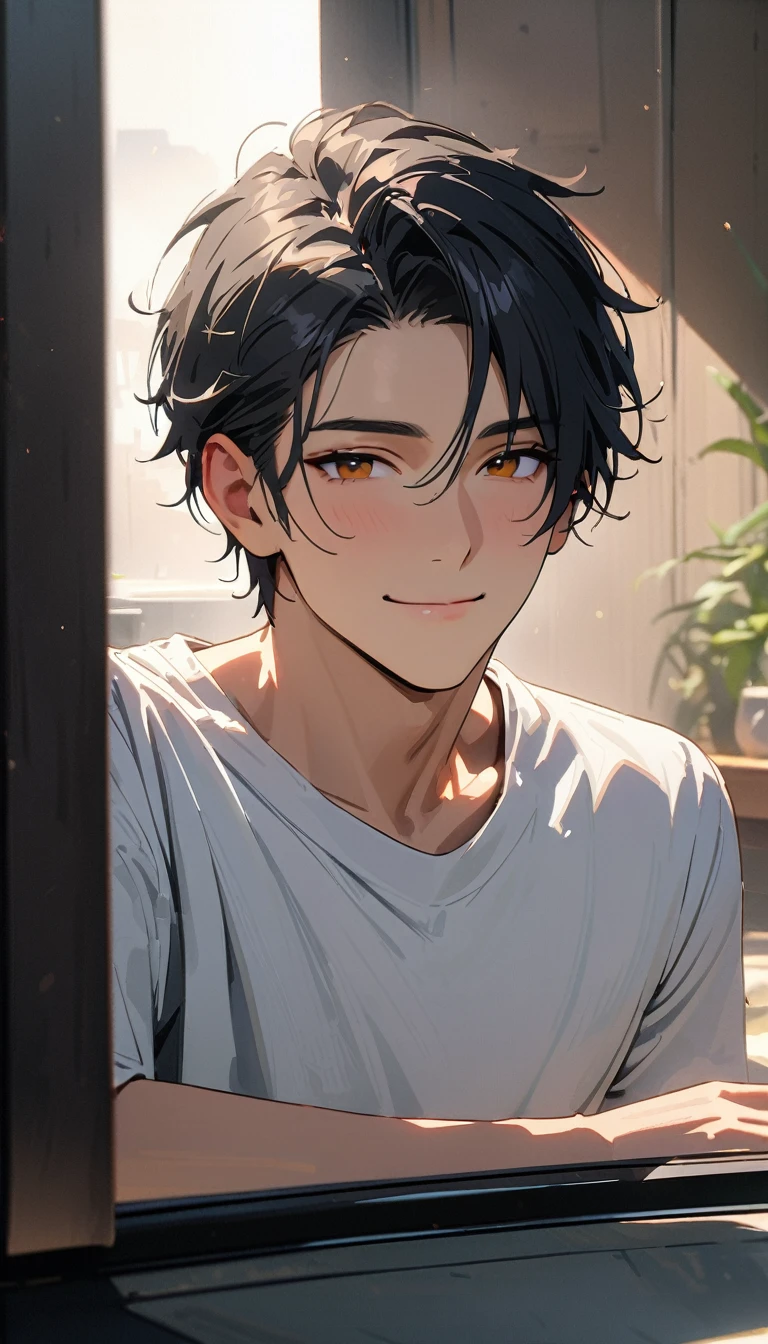 20 years old ,masterpiece , modern, Verism, masterpiece, textured skin, super detail, best quality, 4K , A handsome man, black hair, short hair, light smile, happy
