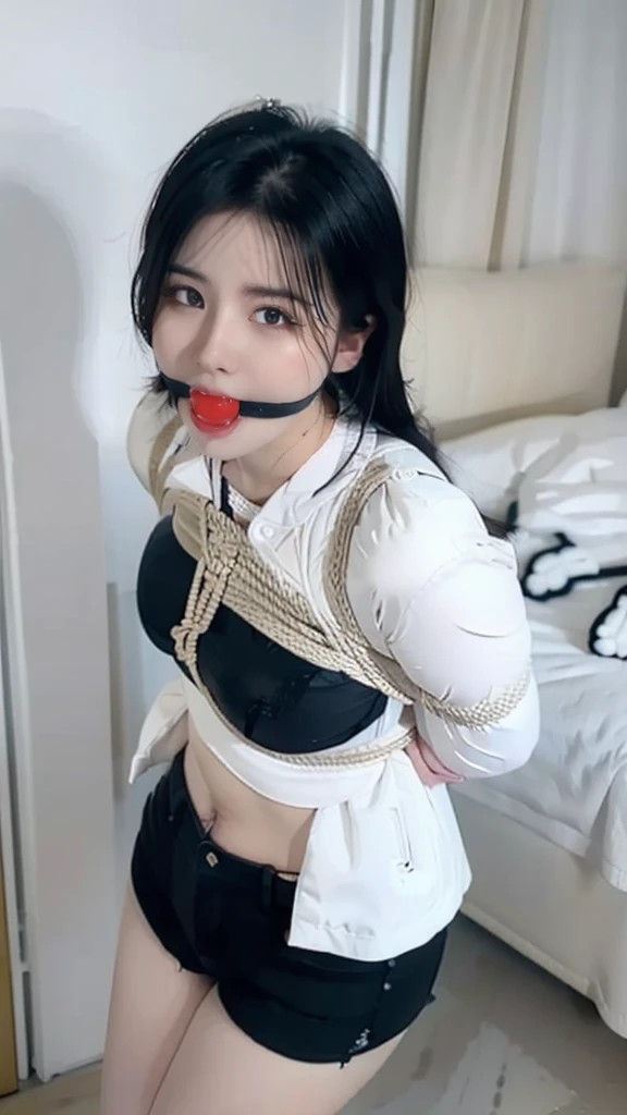 Prompt:2girl, fit, midriff, sweat, shiny skin, glossy skin, oiled, abs, bright skin, clear eyes, black hair, huge breasts, thick thighs, wide hips, curvy, standing, from above, bikini, clear sky, jacket, open jacket, (denim shorts:1.1) Negative Prompt:ugly, tiling, poorly drawn hands, poorly drawn feet, poorly drawn face, out of frame, extra limbs, disfigured, deformed, body out of frame, bad anatomy, watermark, signature, cut off, low contrast, underexposed, overexposed, bad art, beginner, amateur, distorted face,bondage (Shibari,hands tied behind back:1.5), (Shibari:1.21), ballgag (((Drooling))),(((Legs tied))) (((cat ears))) (((Fox tail on the butt)))