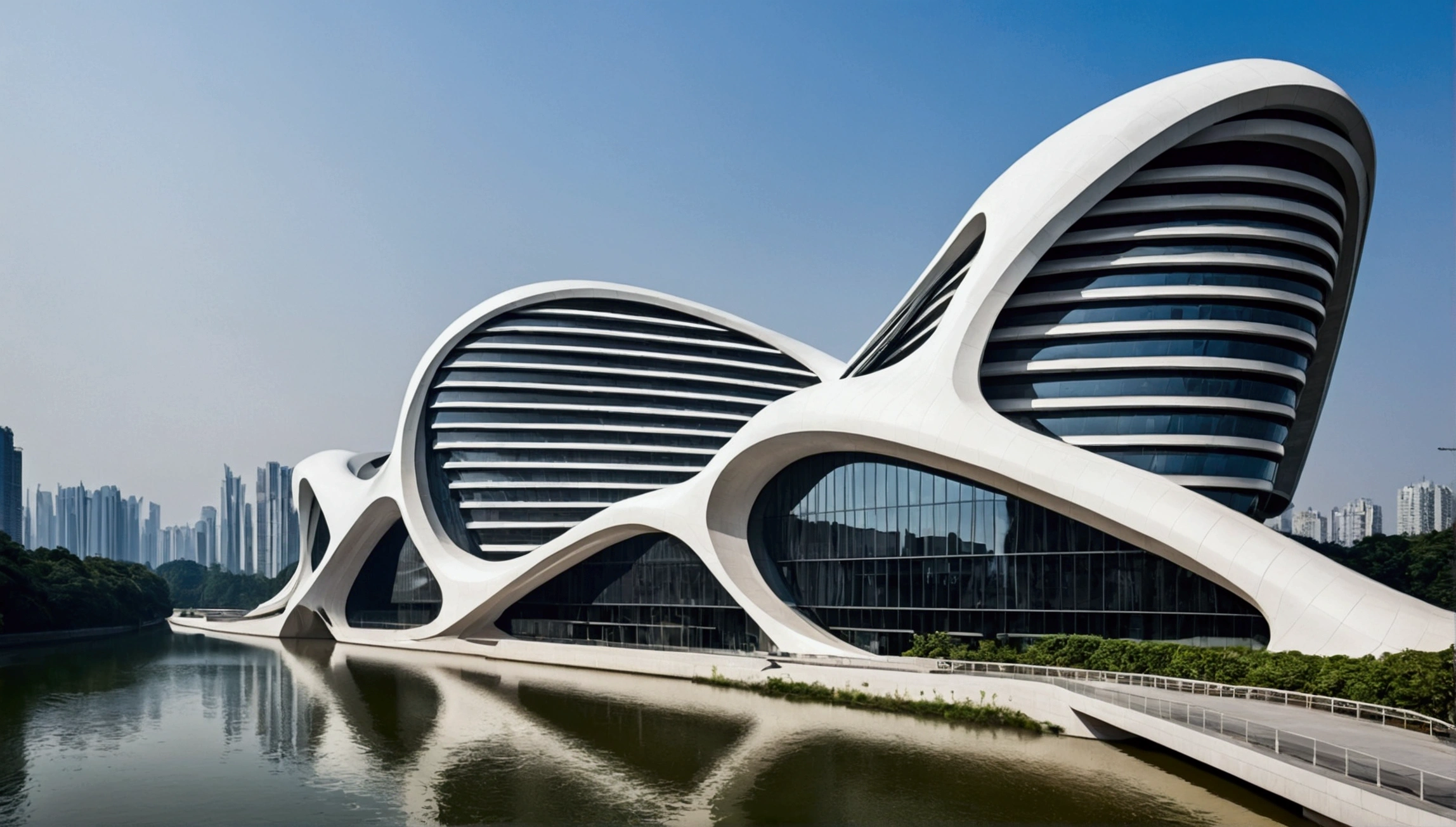 Arafur voit un bâtiment au toit incurvé,Il y a une rivière devant, Hangzhou, Inspiré par Cha Shibiao, Cha Shibiao, Le style de l'architecte Zaha Hadid, Architecture de style Zaha Hadid, Shenzhen, fille, immense bâtiment futuriste, style zaha Hadid, style adoptif normand, Calatrava