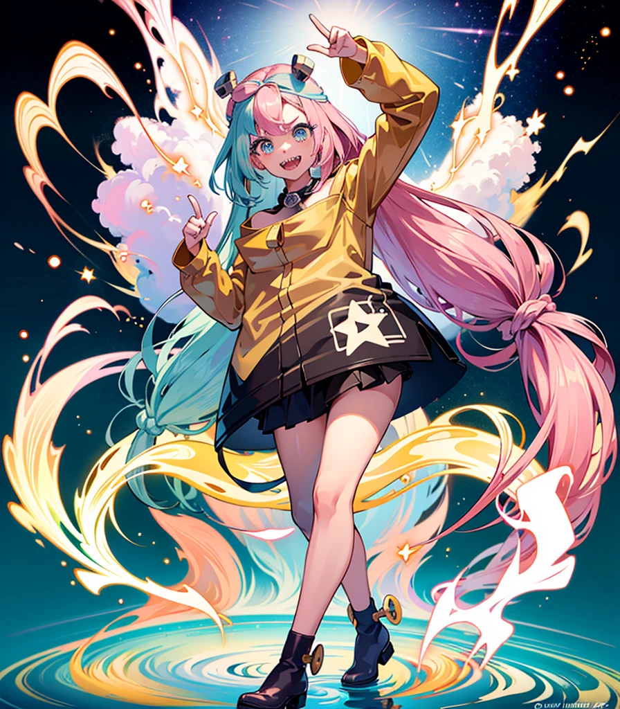 Highest quality、masterpiece、Anime Style、Pink hair and blue eyes、Yellow Jacket、Please raise your right hand、Lower your left hand、Stand only on your right foot、Raise your left leg。Sharp teeth、smile、White Background,Nanjamo,No text