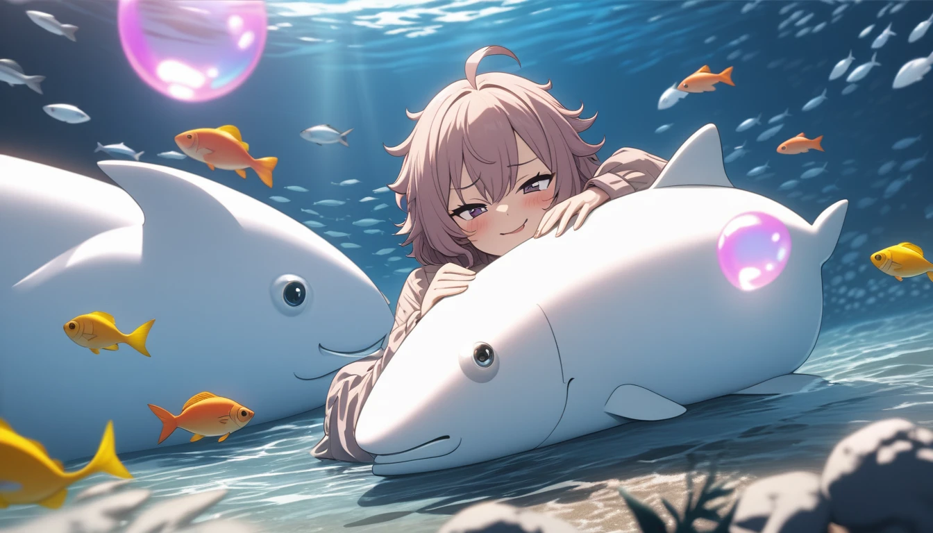 ((cpchann)), ((Masterpiece)), ((best quality)), (Anime: 1.3), (super detail: 1.2), (High definition: 1.3), (Professional photography: 1.2), ( cinematic lighting), (flattened body), (looking at another), ahoge, messy hair, (blush), (smug), (ultra detailed), (cute pose), 1girl, full body, ((in the sea)), (surrounded by beautiful fish), colorful bubble, marine nature, perfect environment, brightness, (sharp focus), (perfect light),