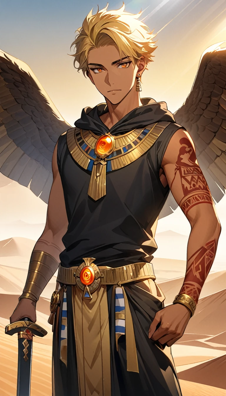 Desert Background,Handsome young man, blond, Orange Eyes, short hair, Black Hoodie,high quality, Draw Amount, pixiv illustrations,Tanned skin,Red tattoo on the arm,(Egyptian style,Egyptian Dress Up),sword,earrings,Sunlight,((Vision)),Eagle wings,full-body shot,