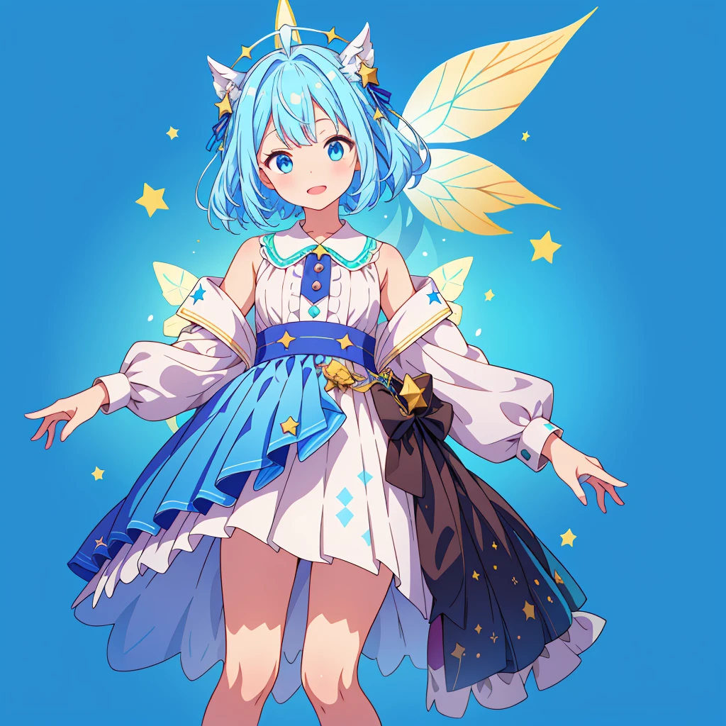 1girl、Standing in front of the viewer、Blue check design dresini box pleats、Original, unique and cute hairstyle、Star Fairy、Star incarnation、Character design front view、A picture facing the viewer、(((Super detailed、Highest quality、Masterpiece)))、Milky white and blue hair color、Simple Green Background、vtuber-fullbody,