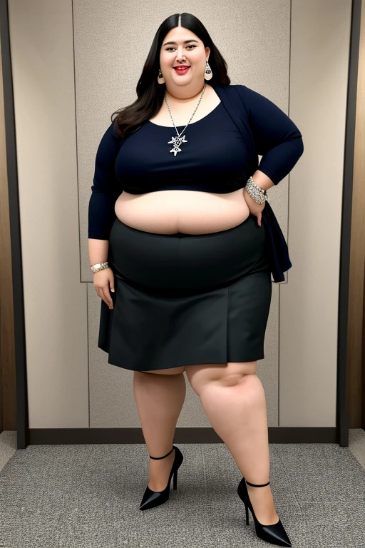masterpiece, best quality, Real picture, 140kg extremely obese woman, large stomach, mini skirt, high heel, necklace, earring, bracelet