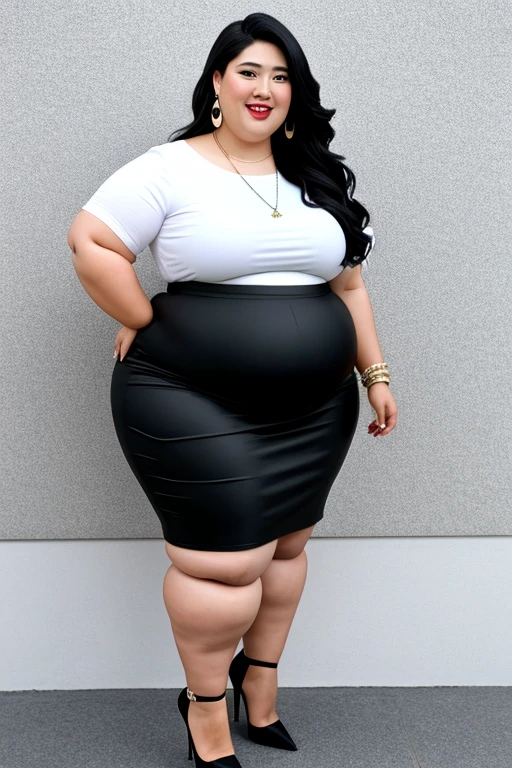masterpiece, best quality, Real picture, 140kg extremely obese woman, large stomach, mini skirt, high heel, necklace, earring, bracelet