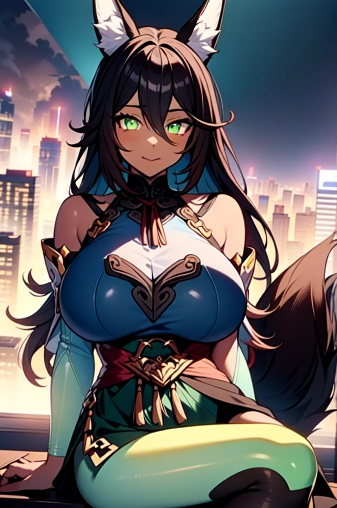 masterpiece, best quality, Extremely detailed, Anime art style, 1 Girl, Mature female, Solitary, (Dark brown skin:1.6), TingyunV4, (Huge breasts:1.1), ((Brown hair, Long hair, Green Eyes, Pupil slits, Fox ears, Fox Tail)), Open your mouth, (((Chuangwei, Blue-green tights))), A faint smile, (Shut up), Sitting on the roof, ((Future Cityscape))