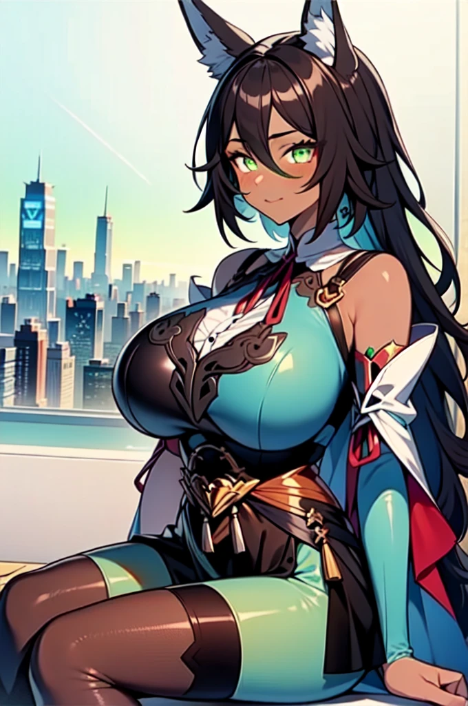 masterpiece, best quality, Extremely detailed, Anime art style, 1 Girl, Mature female, Solitary, (Dark brown skin:1.6), TingyunV4, (Huge breasts:1.1), ((Brown hair, Long hair, Green Eyes, Pupil slits, Fox ears, Fox Tail)), Open your mouth, (((Chuangwei, Blue-green tights))), A faint smile, (Shut up), Sitting on the roof, ((Future Cityscape))