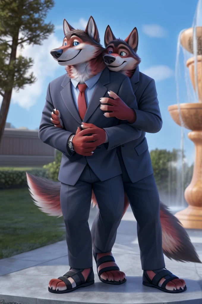 Fedorovich Wolfbach fell (Novosibirsk) ,tall handsome, wolf,young, 24 years, brown fur,Kind,(red body:1.3),beautiful blue eyes,Novosibirsk,dressed, white jacket,shirt,Red tie,trousers, sandals,canine, wolf, detailed fur, Male, second, paw pads, finger claws,At the viewer, 5 fingers, paws, 5 fingers, smile, wrist watch, т nextel,by xenoforge, (difficult, high detail, digital photography, soft focus, RAWlawyers,Very close to the camera, variety,Novosibirsk, smile, good mood, positive, Very close to the camera,in the background of the fountain,
photorealism, realistic, photorealistic, digital style, subsurface scattering,I look at the viewer,hugs the she-wolf,
masterpiece, Best quality, ultra realistic, 8 thousand.)