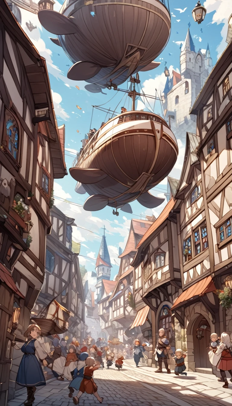 Whale-shaped airship, Medieval European style street, Smiling children chasing after, Detailed Description, Zoom out