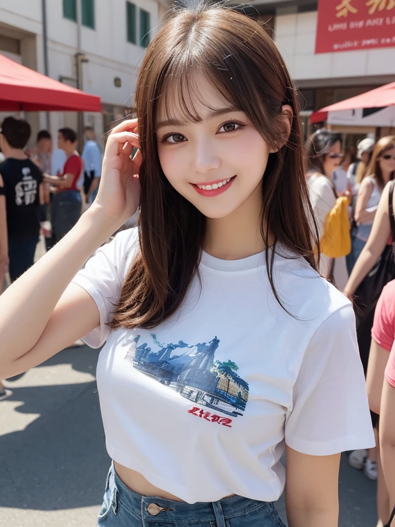 masterpiece, best quality, illustration, ultra-detailed, finely detailed, high resolution, 8K wallpaper, perfect dynamic composition, beautiful detailed eyes, summer festival, t-shirts, shorts, medium hair, small breasts, joyful expression, smile, looking at camera