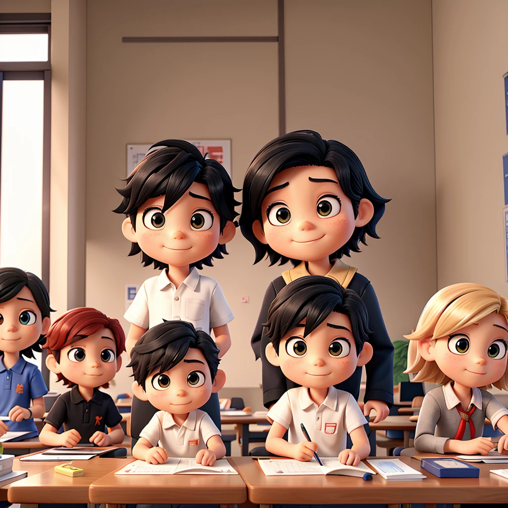 a Japanese boy of approximately 7 years old, straight black hair, he is teaching how to do a Japanese technique called Origami which is paper folding he makes a paper bird he is sitting in a chair in a classroom with his friends who have red hair,blond. Students are seated