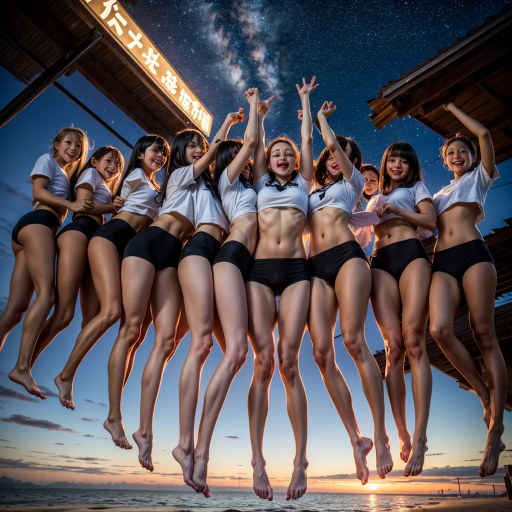 Masterpiece of ProfessionalPhoto ((ExtremelyDetailed (12 PICHIPICHI KAWAII Girls Floating in The Air in a row:1.37) in WHITE at Dusk Enoshima Beach)), {(Standing Full Body:1.2)|(from below:1.2)|Detailed KAWAII face}, Different types of hair colors, {(skinny(school swimwear))|(SchoolUniform)with Skinny AthleticShorts}, {(Corrected Childish hand)|Hidden hand|Different types of breasts|(Clearly Visible the shape of Butt)}, Joyful Expressions LifeLike Rendering, PerfectLighting, (Dazzling Horizon Visible through ThighGap), (Starry IridescentParticles:1.22) ColorfulClouds