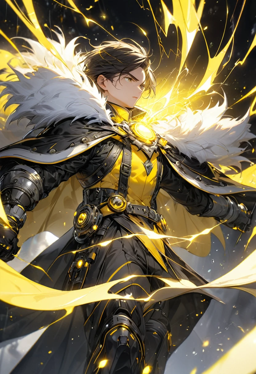 masterpiece, 8k, best quality, highly detailed, a cape of black, yellow & white fur that conducts electricity
