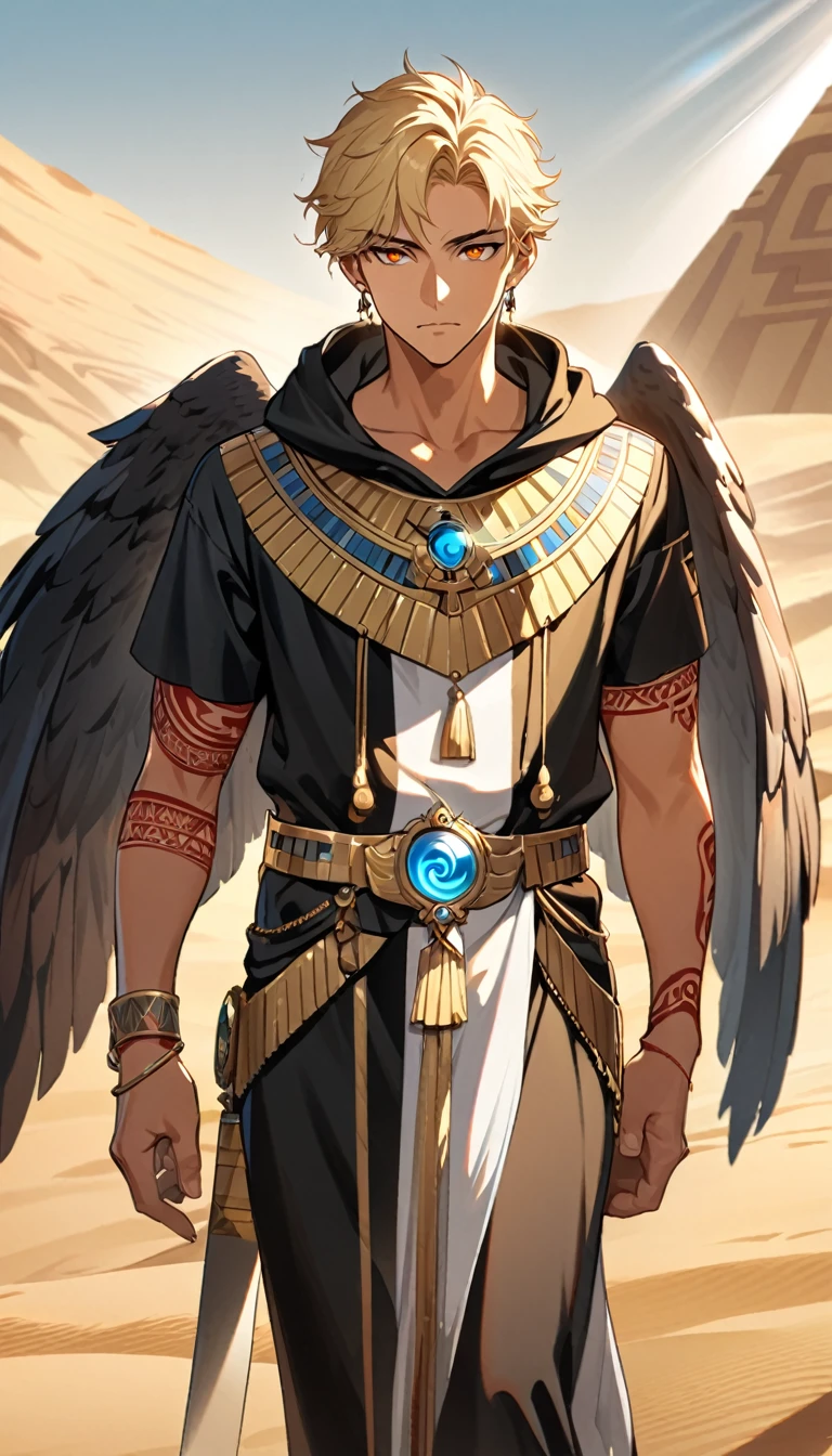 Desert Background,Handsome young man, blond, Orange Eyes, short hair, Black Hoodie,high quality, Draw Amount, pixiv illustrations,Tanned skin,Red tattoo on the arm,(Egyptian style,Egyptian Dress Up),sword,earrings,Sunlight,((Vision)),Eagle wings,full-body shot,