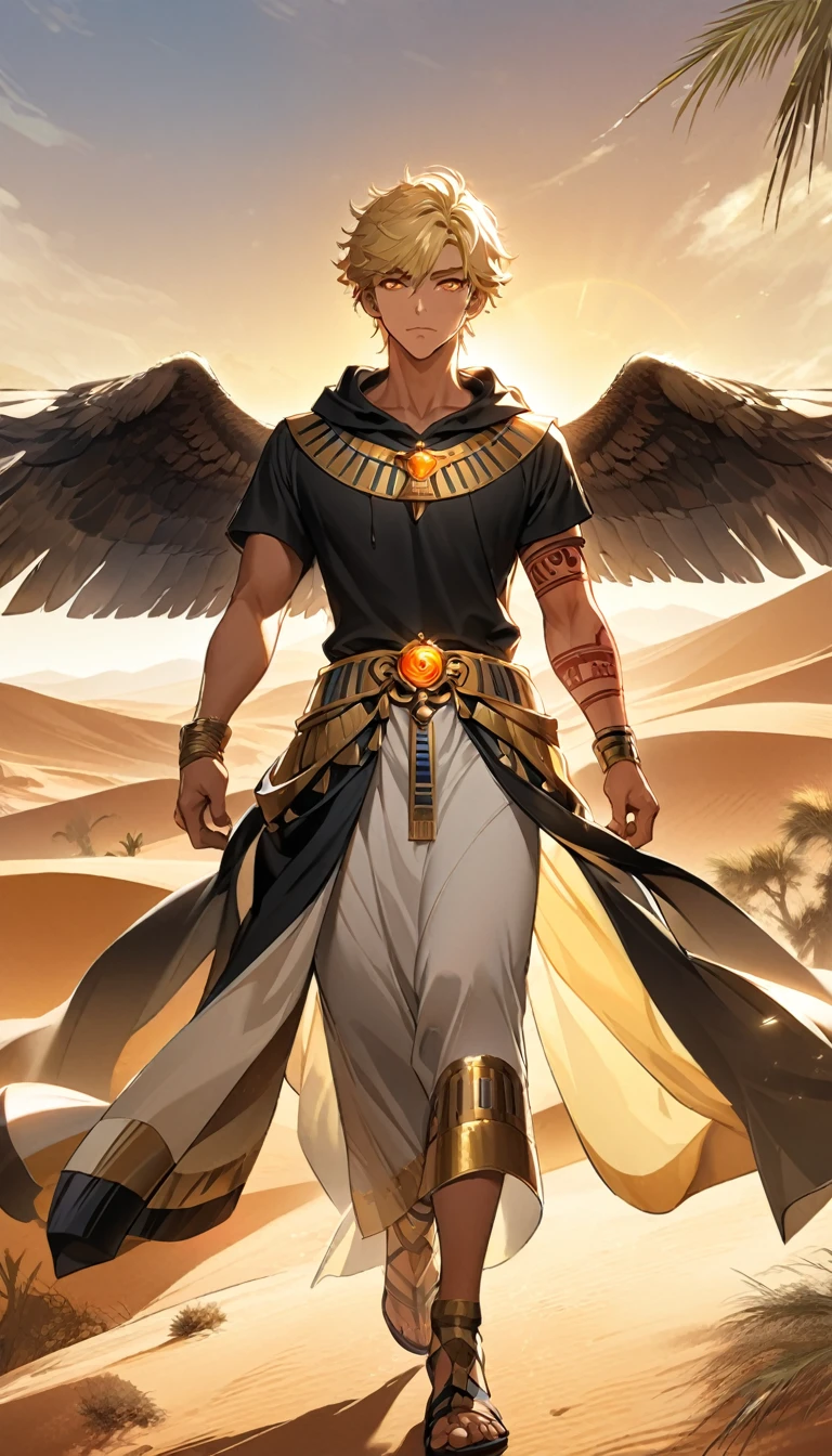 Desert Background,Handsome young man, blond, Orange Eyes, short hair, Black Hoodie,high quality, Draw Amount, pixiv illustrations,Tanned skin,Red tattoo on the arm,(Egyptian style,Egyptian Dress Up),sword,earrings,Sunlight,((Vision)),Eagle wings,full-body shot,