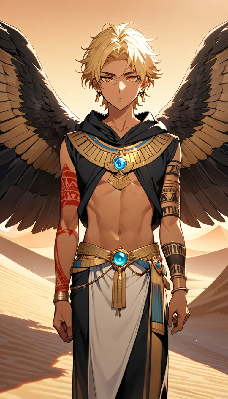 Desert Background,Handsome young man, blond, Orange Eyes, short hair, Black Hoodie,high quality, Draw Amount, pixiv illustrations,Tanned skin,Red tattoo on the arm,(Egyptian style,Egyptian Dress Up),sword,earrings,Sunlight,((Vision)),Eagle wings,full-body shot,