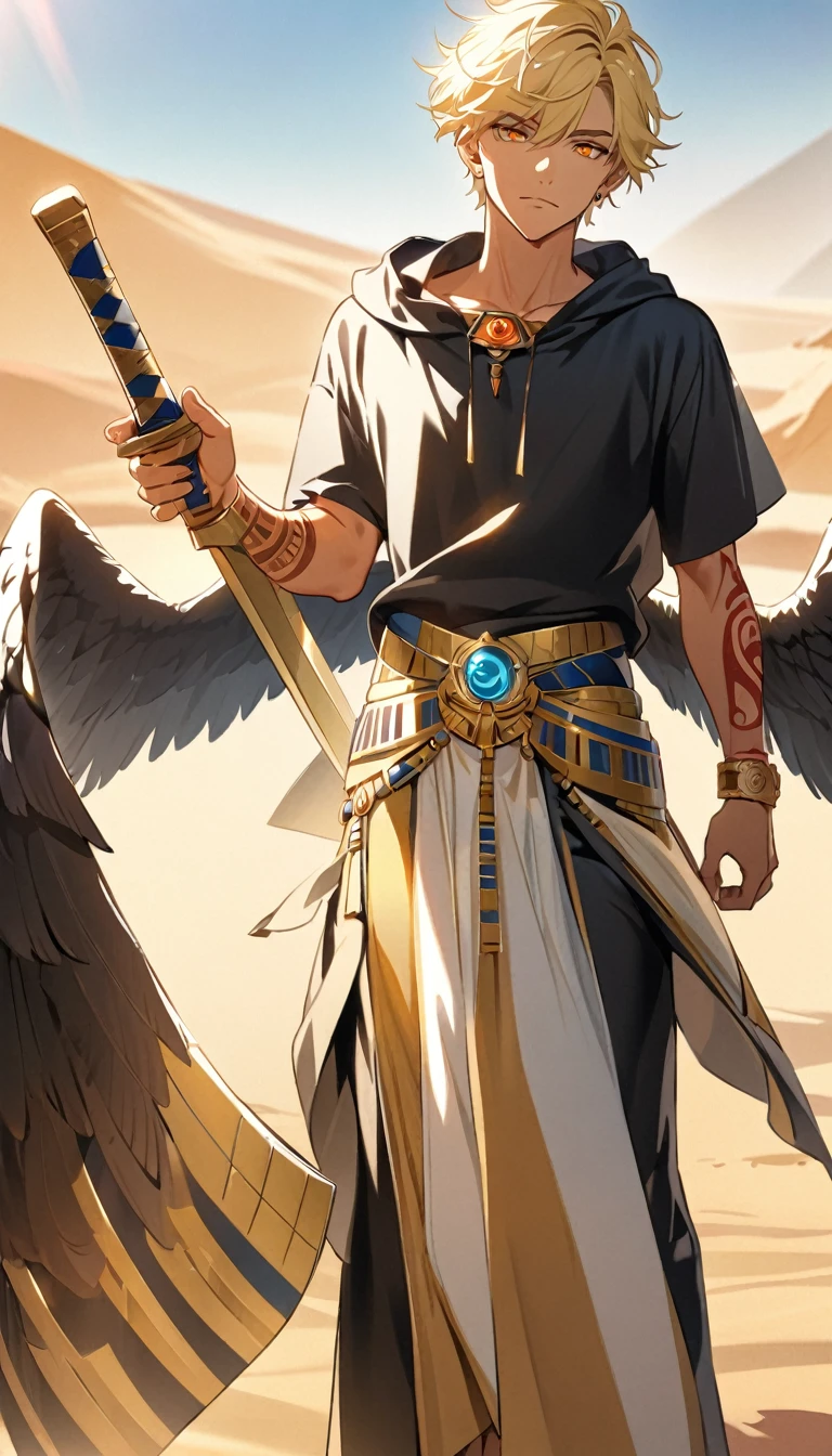 Desert Background,Handsome young man, blond, Orange Eyes, short hair, Black Hoodie,high quality, Draw Amount, pixiv illustrations,Tanned skin,Red tattoo on the arm,(Egyptian style,Egyptian Dress Up),sword,earrings,Sunlight,((Vision)),Eagle wings,full-body shot,