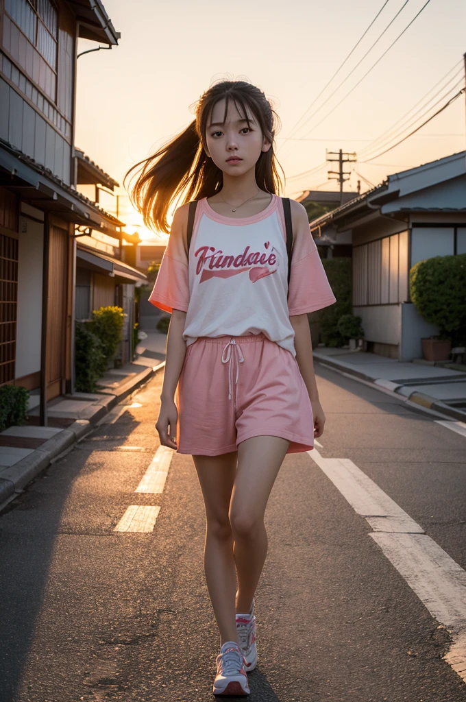 Ultra-high resolution, 8K quality. Hyper realistic image of a nostalgic summer sunset scene. A 20-year-old Japanese girl walking alone through an ordinary Japanese street at dusk. The sky is painted with vibrant orange and pink hues of the setting sun. The girl is wearing summer clothes and headphones. Photorealistic details of buildings, clouds, and the girl's features. Warm, nostalgic atmosphere.