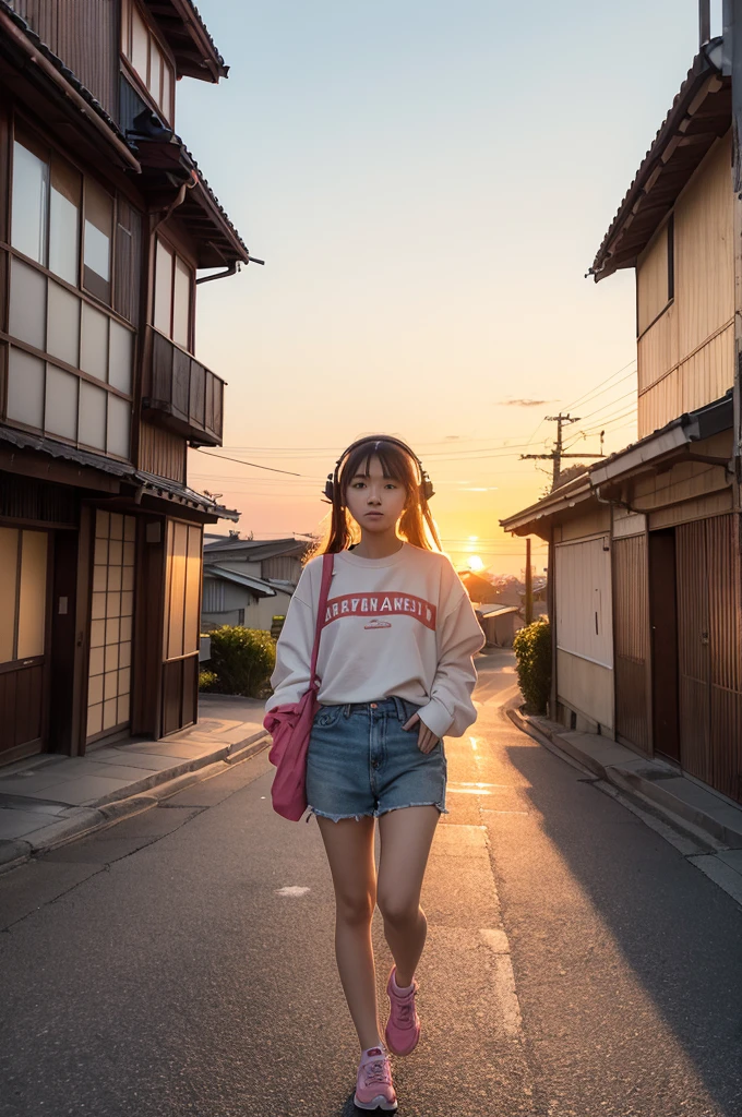 Ultra-high resolution, 8K quality. Hyper realistic image of a nostalgic summer sunset scene. A 20-year-old Japanese girl walking alone through an ordinary Japanese street at dusk. The sky is painted with vibrant orange and pink hues of the setting sun. The girl is wearing summer clothes and headphones. Photorealistic details of buildings, clouds, and the girl's features. Warm, nostalgic atmosphere.