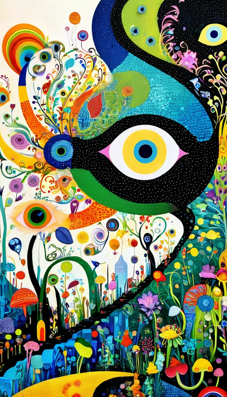 Colorful black，Dopamine color matching，爱吃fish的猫、flowesh、spiral staircase、Tentacles、bird、(((Eye)))、diatom，Abstract mosaic painting，Describing the inner world of autistic people，Sense of space，Large area of white，interesting，Innocence，Vision，Psychedelic Art，Incorporating Picasso&#39;s artistic style
