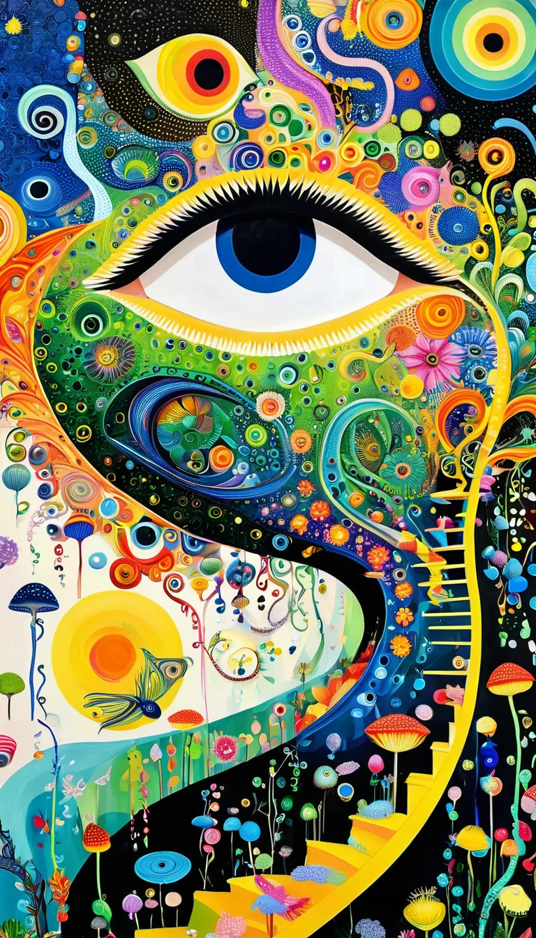 Colorful black,Dopamine color matching,爱吃fish的猫、flowesh、spiral staircase、Tentacles、bird、(((Eye)))、diatom,Abstract mosaic painting,Describing the inner world of autistic people,Sense of space,Large area of white,interesting,Innocence,Vision,Psychedelic Art,Incorporating Picasso's artistic style