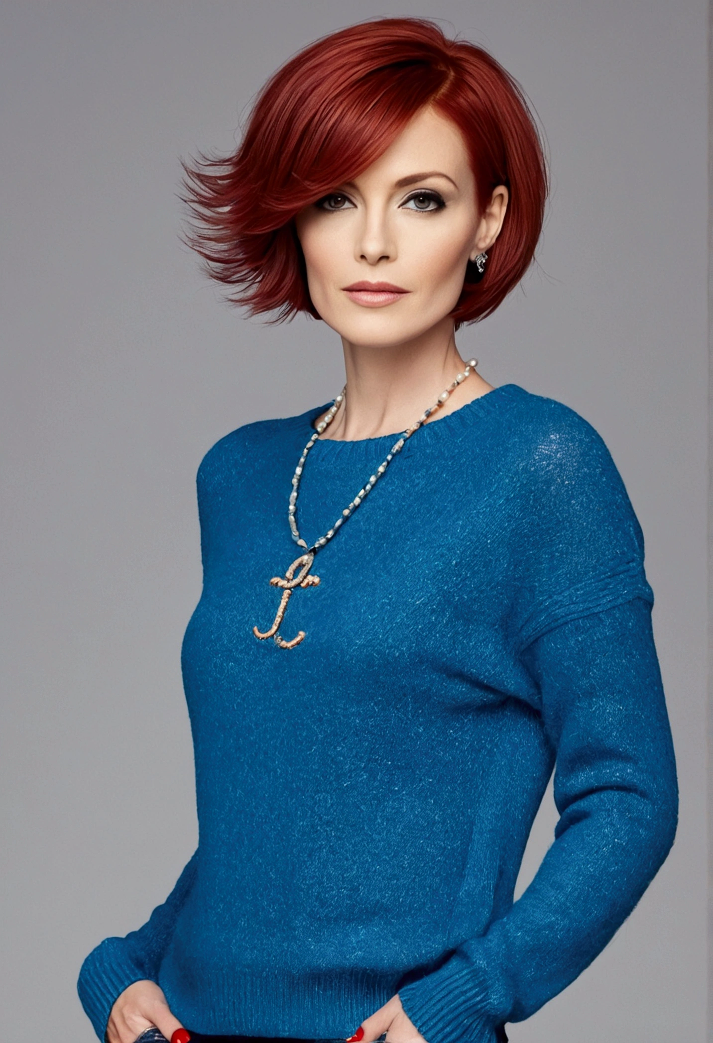 Create a beautiful woman, age 38, shorth hair, Red hair, Chanel haircut, blue long sleeve sweater, Tight jeans.