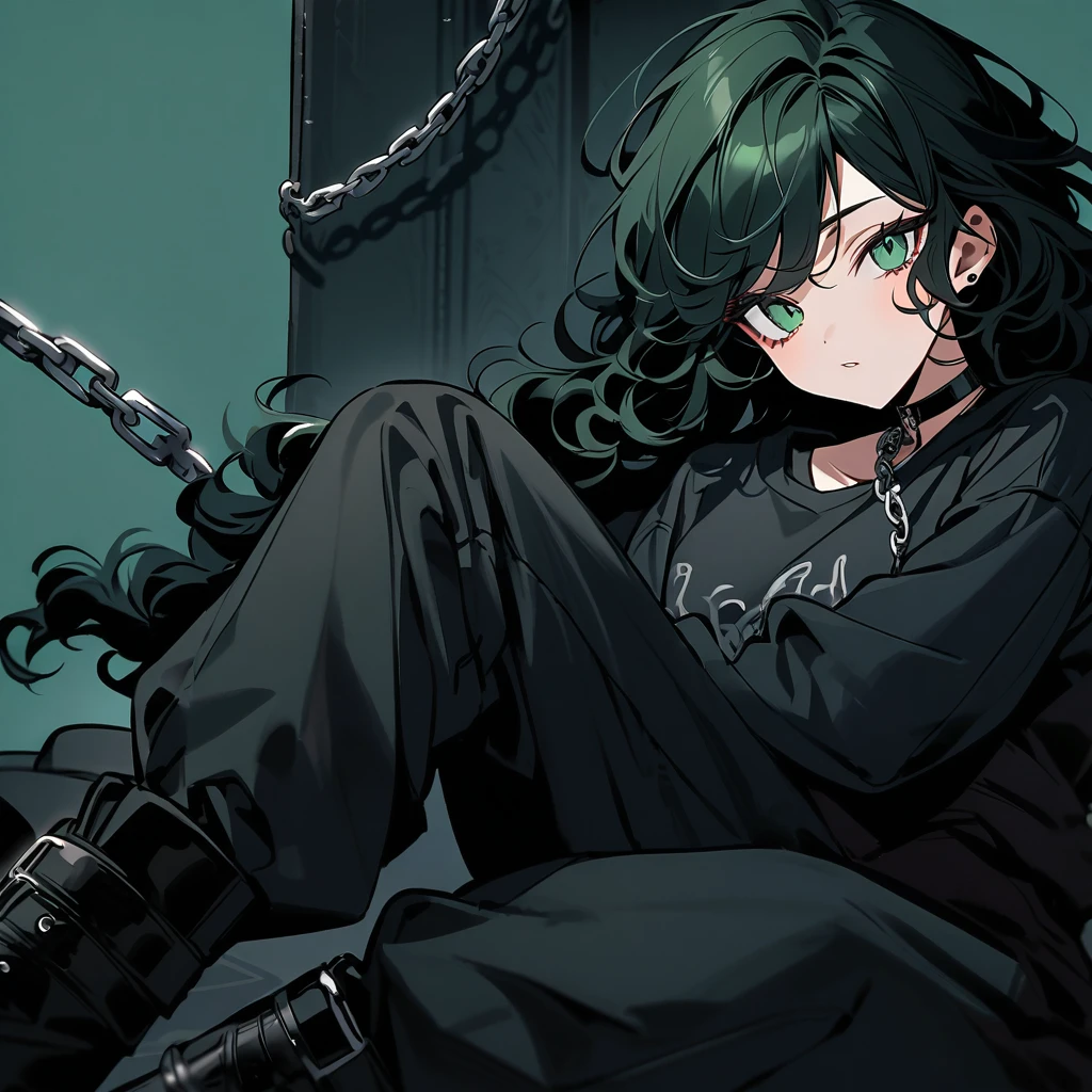 (well done:1) woman, long black curly hair, gray left eye, dark green right eye, black choker, black sweatshirt with white details, black sweatpants with some chains around them, black boots.