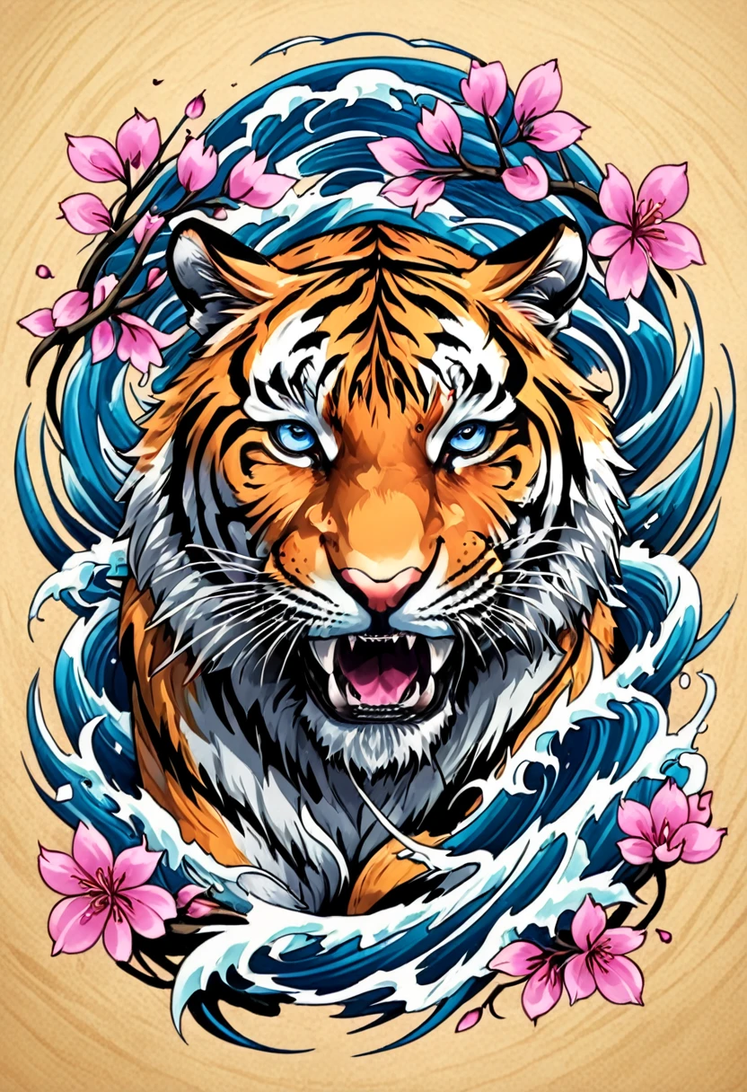 1 tiger, Traditional Japanese tattoo design, realistic tattoo art of Orange tiger with (((Blue eyes))) with pink sakura petal effect ,he is with open mouth looking very fierce and angry, the background is Japanese wave tattoo, (Unity 16K Wallpaper, masterpiece, Best Quality, high quality, Ultra-detailed, extremely details), a tattoo design, realistic tattoo art of Orange tiger with (((Blue eyes))) with pink sakura petal effect ,he is with open mouth looking very fierce and angry, the background is Japanese wave tattoo, scratching the viewer with fierce claw,  
