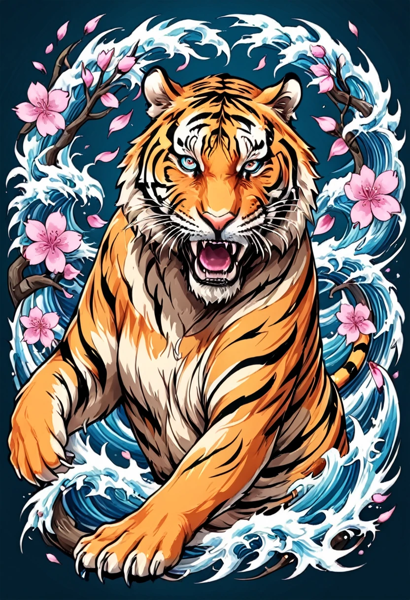 1 tiger, Traditional Japanese tattoo design, realistic tattoo art of Orange tiger with (((Blue eyes))) with pink sakura petal effect ,he is with open mouth looking very fierce and angry, the background is Japanese wave tattoo, (Unity 16K Wallpaper, masterpiece, Best Quality, high quality, Ultra-detailed, extremely details), a tattoo design, realistic tattoo art of Orange tiger with (((Blue eyes))) with pink sakura petal effect ,he is with open mouth looking very fierce and angry, the background is Japanese wave tattoo, scratching the viewer with fierce claw,  
