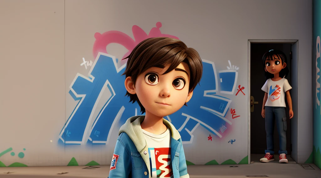 A young adult looking at the camera, in the background a wall with graffiti art, written 'Japa'.