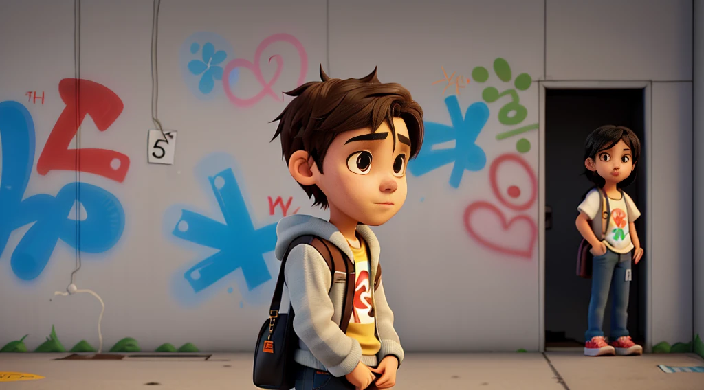 A young adult looking at the camera, in the background a wall with graffiti art, written 'Japa'.