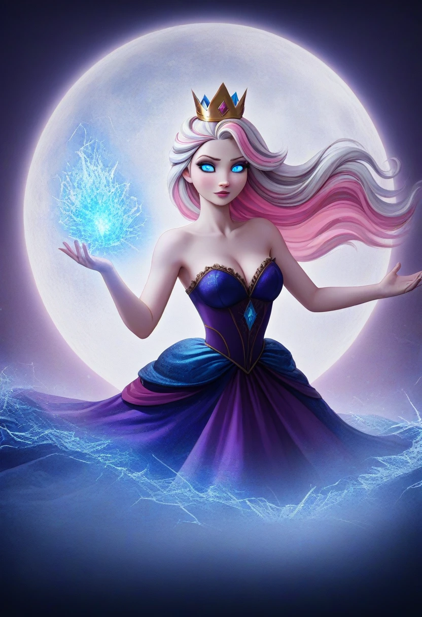 night, ((1 girl)), alone, masterpiece, 8k wallpaper, highres, absurdres, high quality background, long hair, pink hair, multicolor hair, beautiful frozen village, (full bright moon), purple dress, detailed ruffled petticoat dress, jewelry dress, (magic:1.2), blue fire, blue eyes, glowing eyes, fire, ice goddess, (blue detailed beautiful crown), electricity, blue electricity, blue light particles, she's wearing a crown, her lips are big and fierce, her eyes are big and well lined and her breasts and ass are both large, she is the ice queen and she's very beautiful with white hair and a small nose (pink and blue)