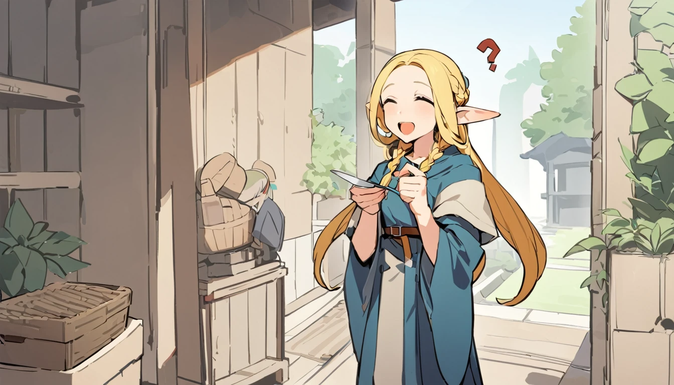 masterpiece, Top quality ï¼Œï¼Œ 1 girl, alone, Blonde, Pointed Ears, Braiding, Fairy, Long Hair, close your eyes, Sandals, Robe, smile, twin Braidings, whole body, Open your mouth, Holding, belt, food, spoon, Are standing, dress, Wide sleeves, Holding spoon,?