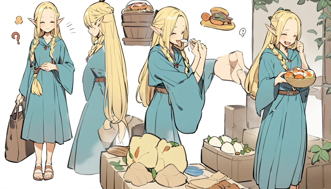 masterpiece, Top quality ï¼Œï¼Œ 1 girl, alone, Blonde, Pointed Ears, Braiding, Fairy, Long Hair, close your eyes, Sandals, Robe, smile, twin Braidings, whole body, Open your mouth, Holding, belt, food, spoon, Are standing, dress, Wide sleeves, Holding spoon,?