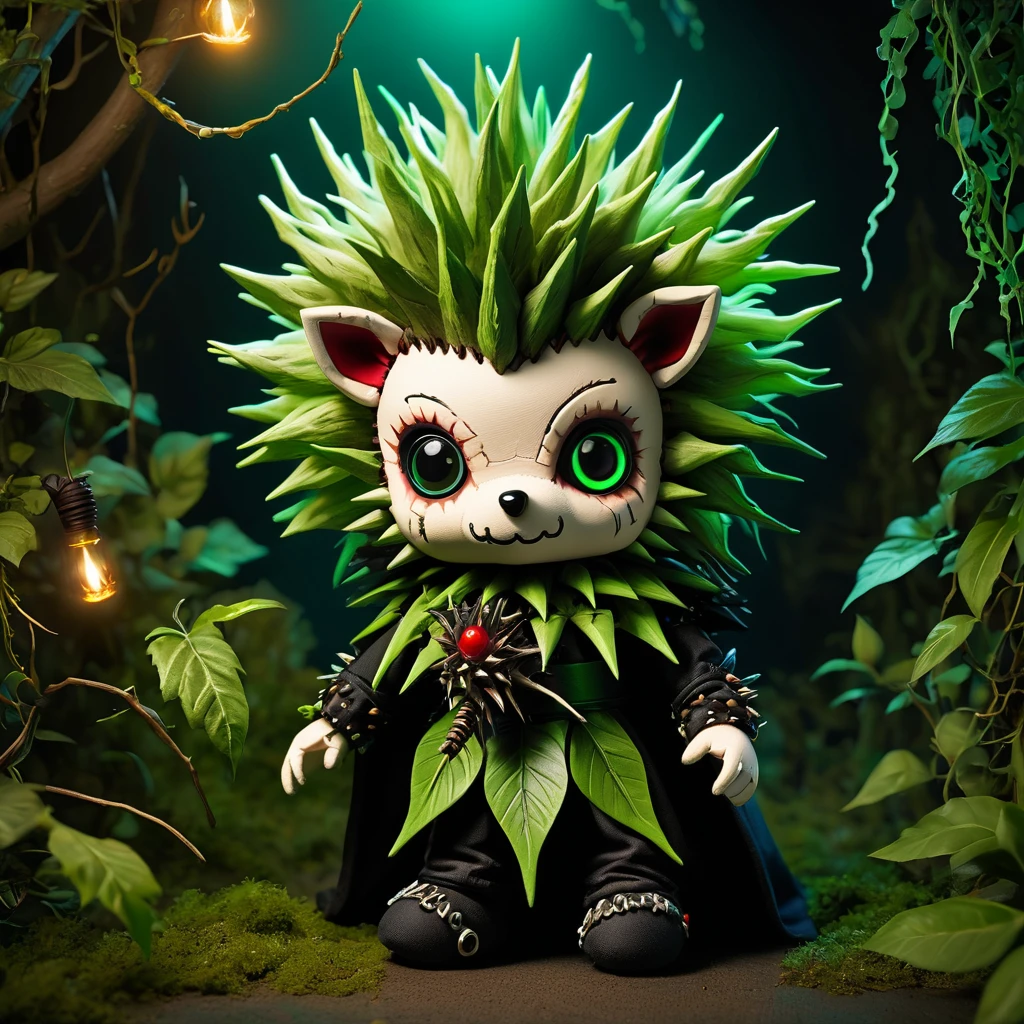 (knitted toy voodoo doll:1.7), (Voodoo Sinister Hedgehog:1.3), (Clothing: dark, spiky fur with glowing green eyes:1.0), (Accessories: enchanted thorn crown, glowing poison vial, mystical shadow cloak:1.2), (background: dark, overgrown garden with floating, glowing orbs and creeping vines:1.2), best quality, masterpiece, detailed soft oil painting, detailed background, dramatic cinematic lighting, soft edge lighting, professional, dramatic lighting, hard edge lighting, ultra quality, 4k,masterpiece, best quality, 8k, ultra highres, highres, extremely detailed