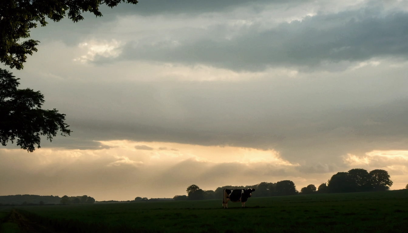 there is a cow standing in a field under a cloudy sky, moody evening light, clouds and fields in background, inspired by Aelbert Cuyp, storm in the evening, inspired by Willem de Poorter, moody scene, ominous evening, overcast weather, overcast dawn, moody sky at the back, dutch landscape, overcast dusk, inspired by Gerard Soest, stormy setting