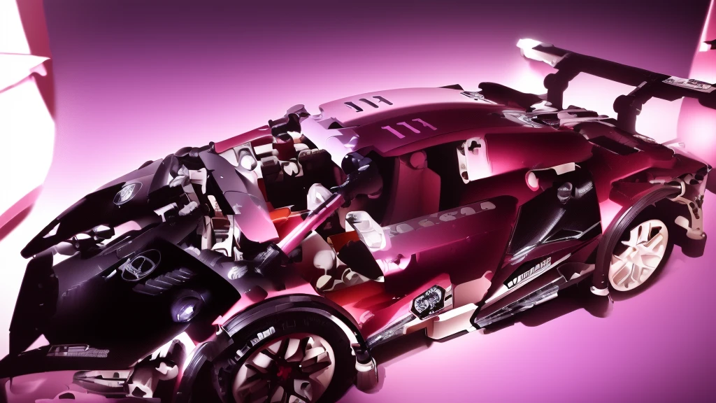 there is a toy car that is purple and has red wheels, taken with sony alpha 9, intricate detailed racing car, detailed wide plan, highly detailed toy, vista frontal superior lateral, cinematic front shot, shot close to the body, full sheet front view, eva unit-00 on the back, toy photo, lamborghini made from LEGO, hyper detailed masterpiece
