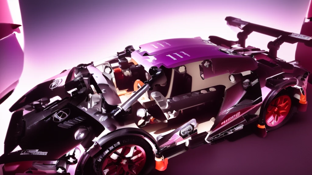 there is a toy car that is purple and has red wheels, taken with sony alpha 9, intricate detailed racing car, detailed wide plan, highly detailed toy, vista frontal superior lateral, cinematic front shot, shot close to the body, full sheet front view, eva unit-00 on the back, toy photo, lamborghini made from LEGO, hyper detailed masterpiece